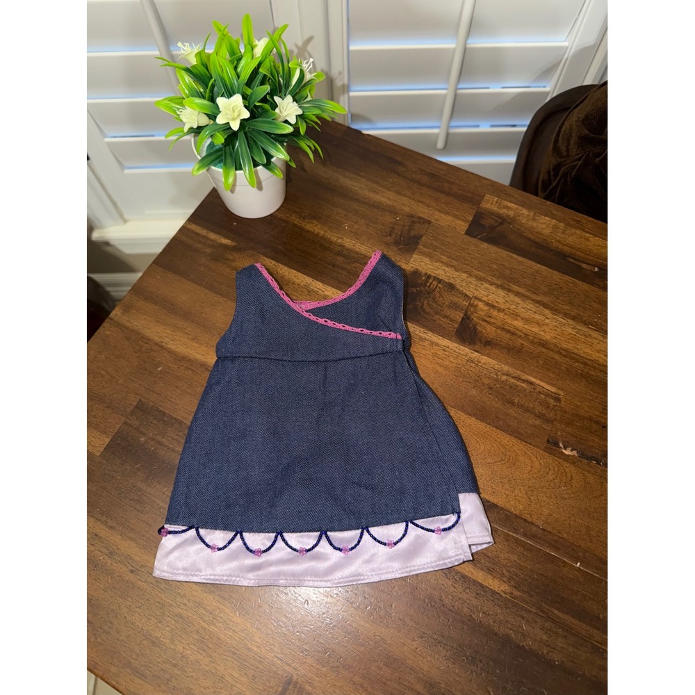 American Girl Doll JLY Denim Jumper Dress Pink Lace Trim Lavender Satin Hem 18"